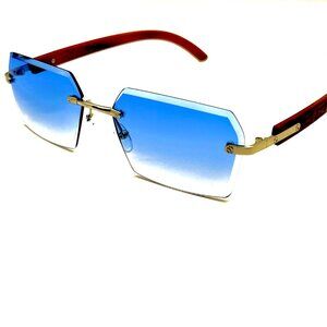 Men Sunglasses Hip Hop Gold Blue Lens Small Retro Designer Rimless Shades Lentes
